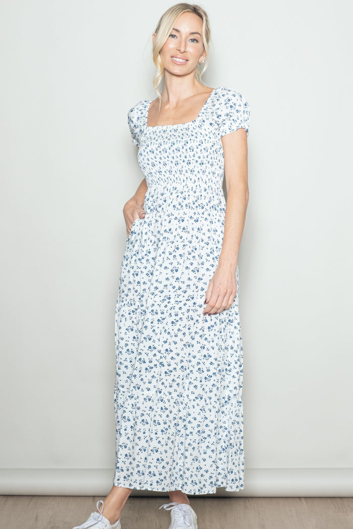 White Floral Smocked Puff Sleeve Maternity Maxi Dress