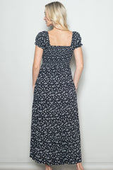 Black Floral Smocked Puff Sleeve Maxi Dress