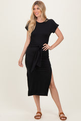 Black Waist Tie Short Sleeve Side Slit Dress