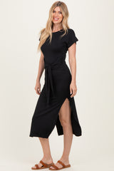 Black Waist Tie Short Sleeve Side Slit Dress