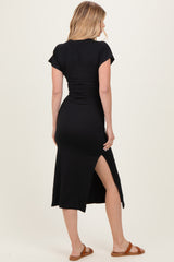 Black Waist Tie Short Sleeve Side Slit Dress