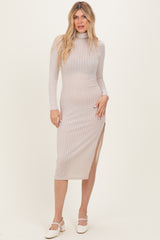 Beige Ribbed Knit Turtleneck Side Slit Dress