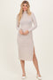 Beige Ribbed Knit Turtleneck Side Slit Dress