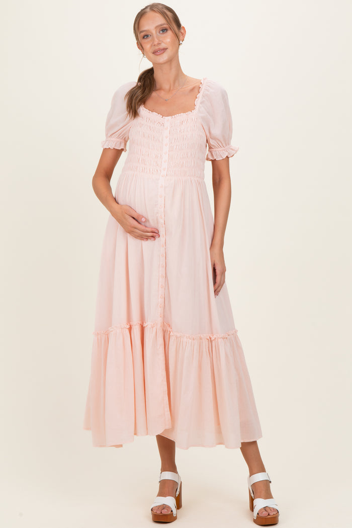 Light Pink Smocked Button Down Maternity Maxi Dress