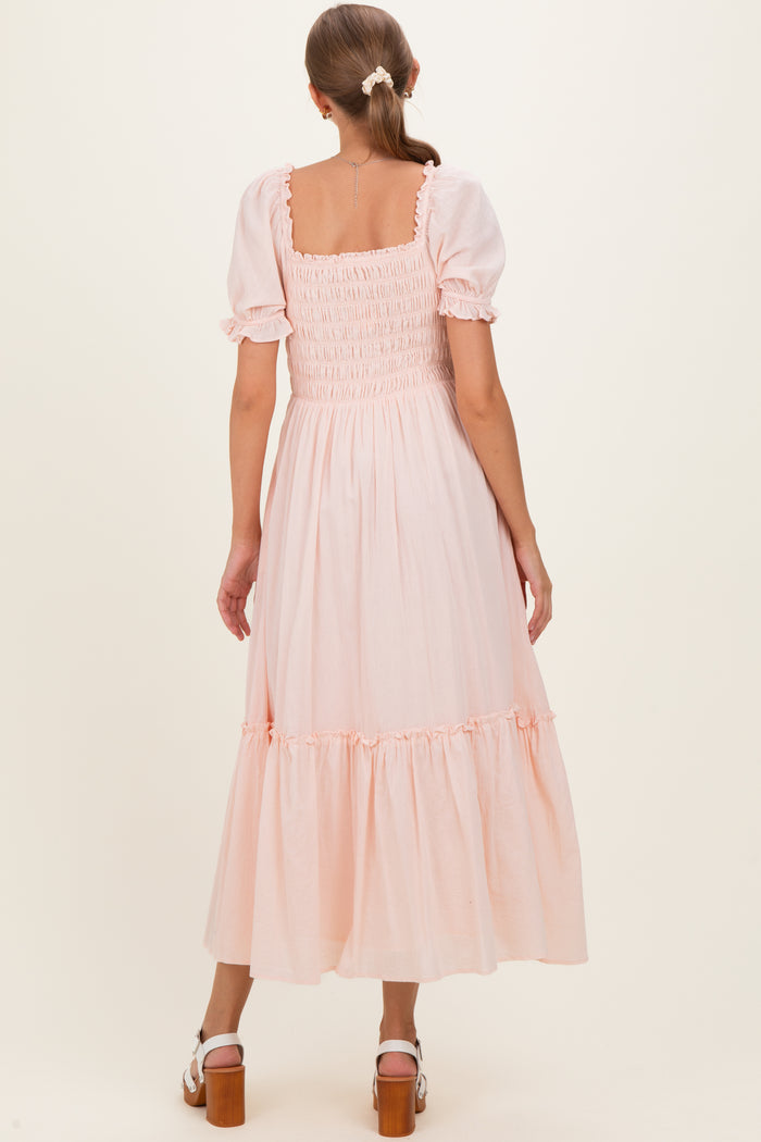 Light Pink Smocked Button Down Maternity Maxi Dress