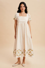 Creme Embroidered Floral Pleated Bodice Maxi Dress