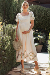 Creme Embroidered Floral Pleated Bodice Maternity Maxi Dress