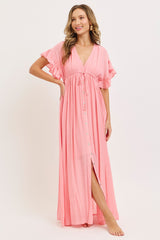 Pink Button Down Deep V-Neck Maxi Dress