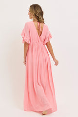 Pink Button Down Deep V-Neck Maxi Dress
