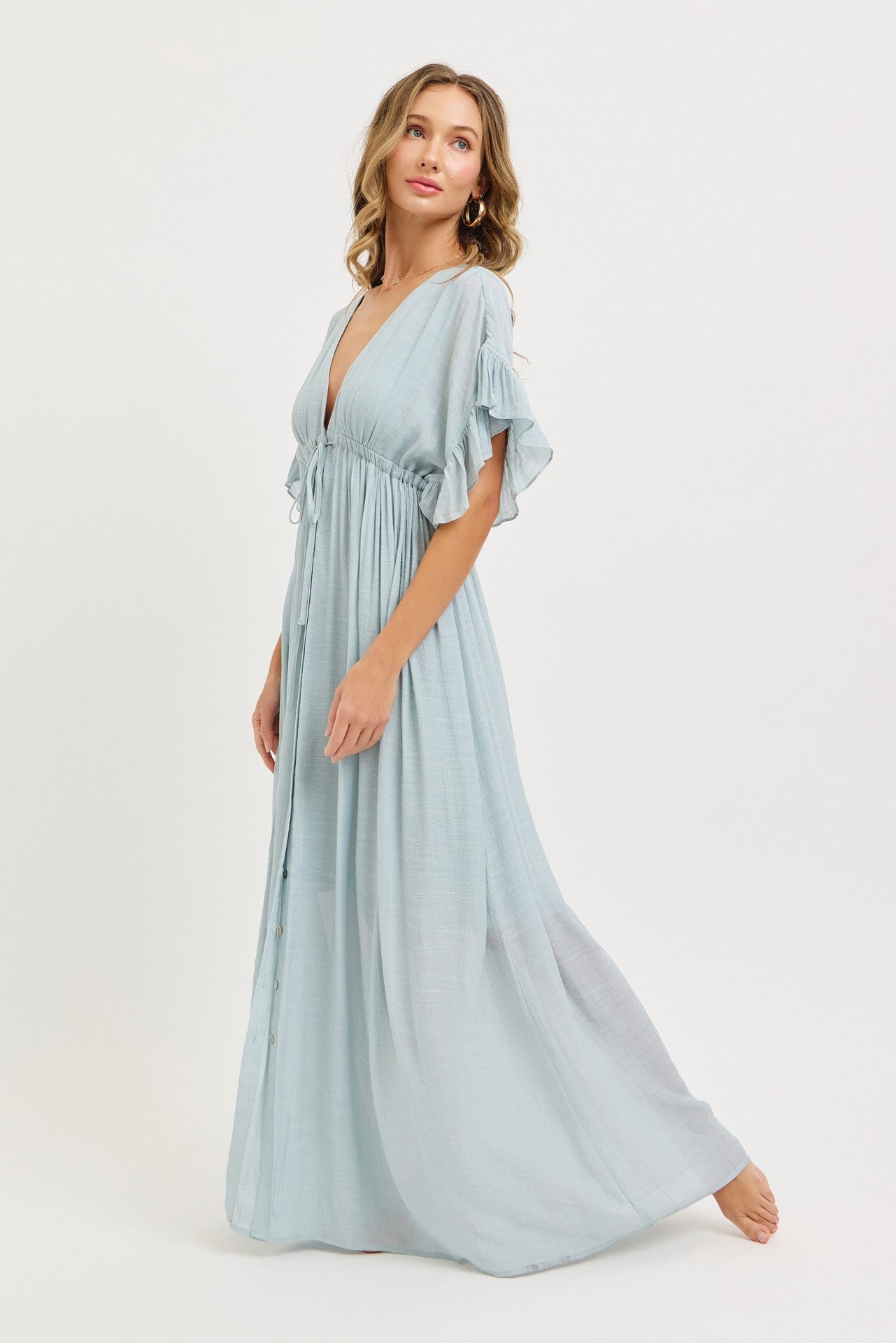 Light Blue Button Down Deep V-Neck Maxi Dress