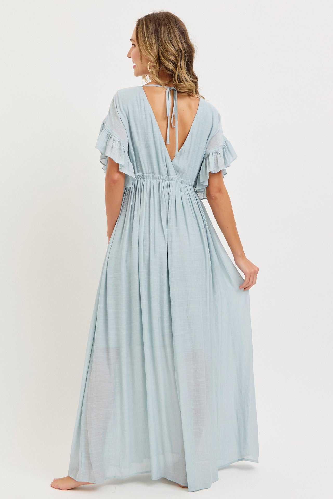 Light Blue Button Down Deep V-Neck Maxi Dress
