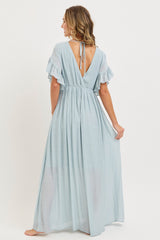 Light Blue Button Down Deep V-Neck Maxi Dress