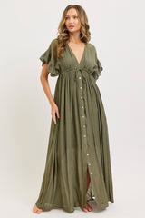 Olive Button Down Deep V-Neck Maxi Dress