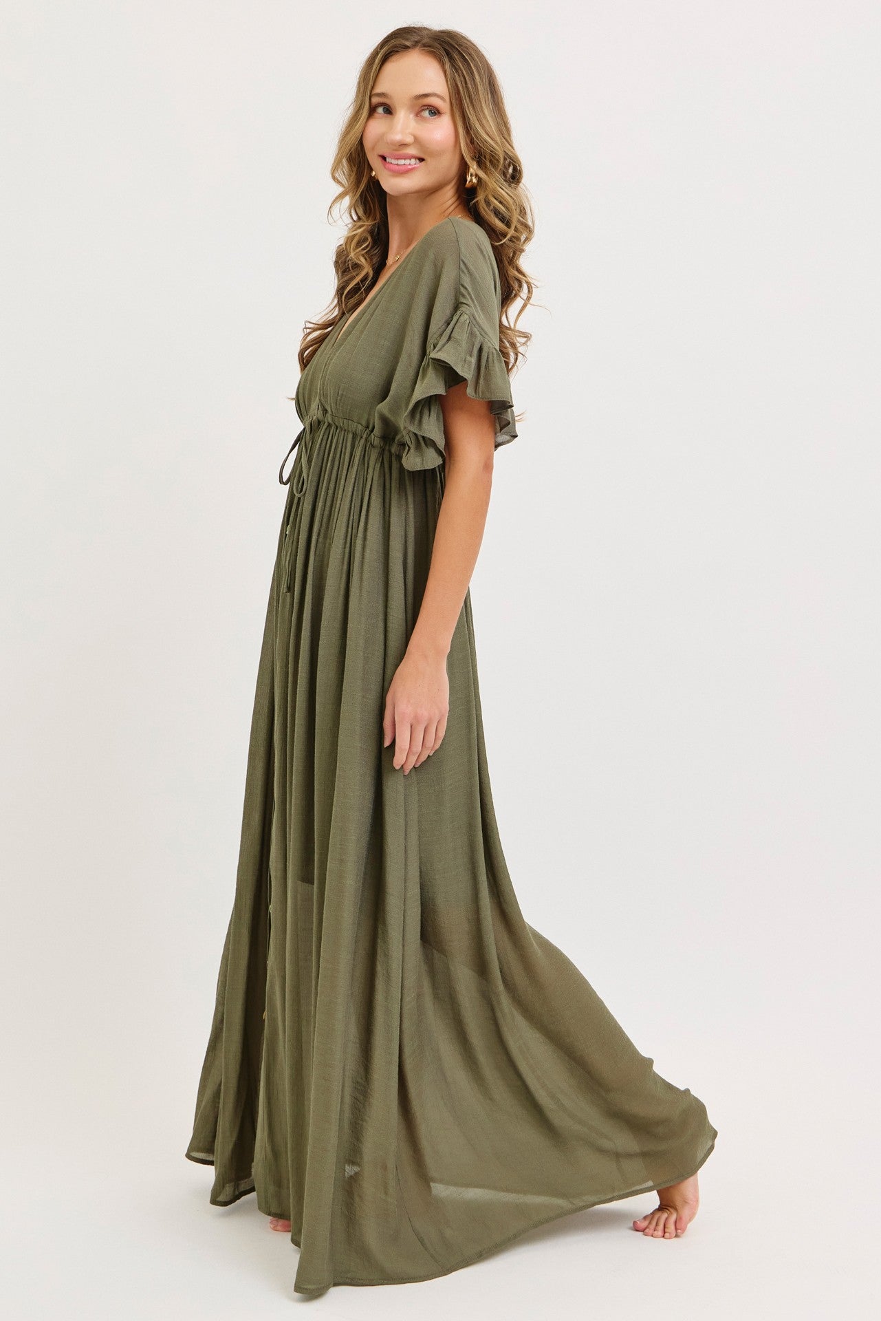 Olive Button Down Deep V-Neck Maxi Dress