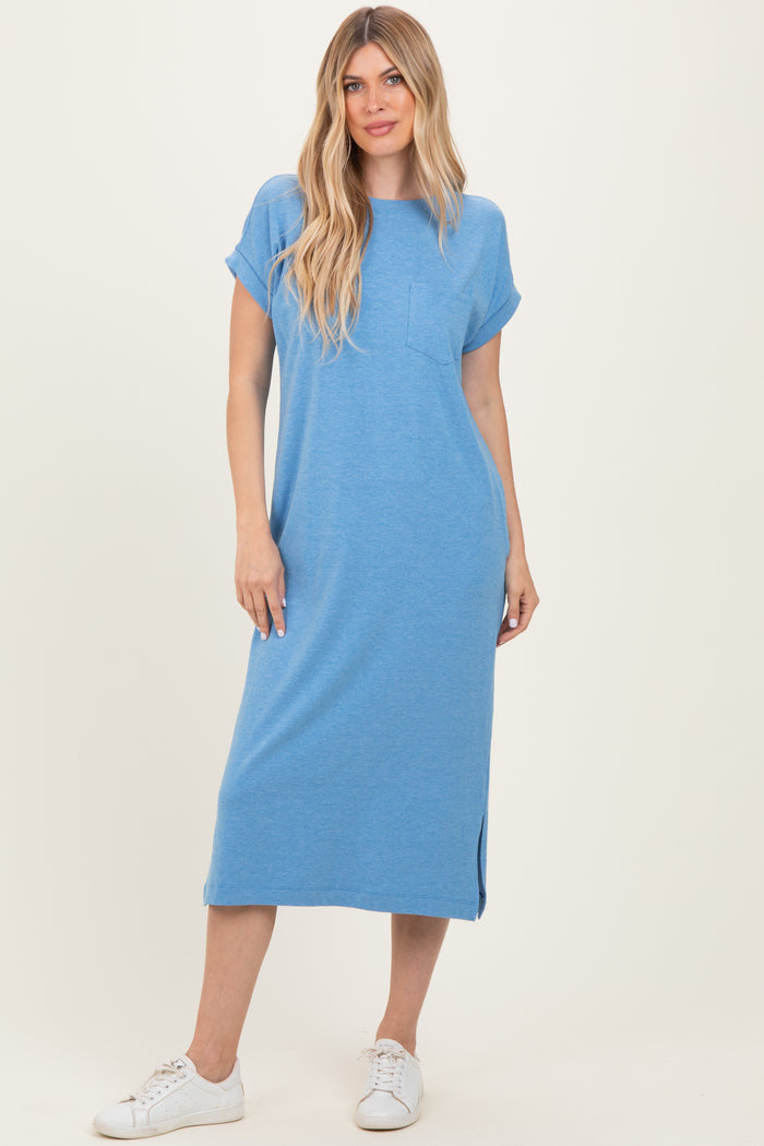 Dusty Blue Pocket Front Maternity Midi T-Shirt Dress