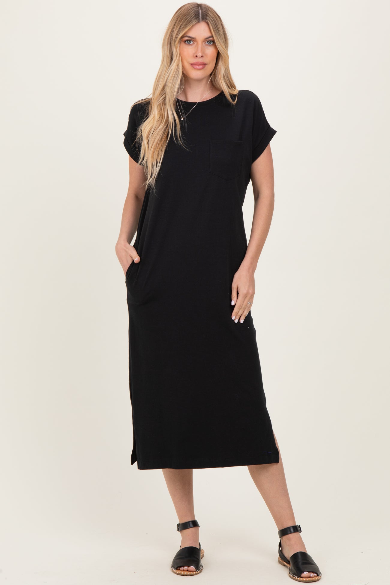 Black Pocket Front Midi T-Shirt Dress