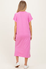 Pink Pocket Front Maternity Midi T-Shirt Dress