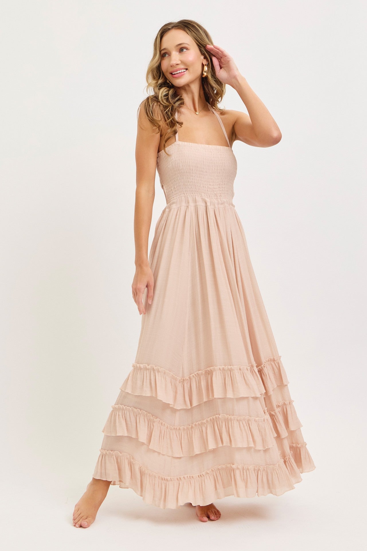 Blush Halter Smocked Ruffle Tier Hem Maxi Dress
