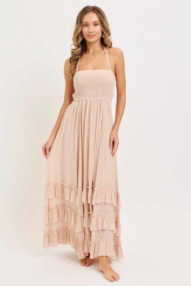 Blush Halter Smocked Ruffle Tier Hem Maternity Maxi Dress