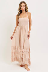 Blush Halter Smocked Ruffle Tier Hem Maternity Maxi Dress