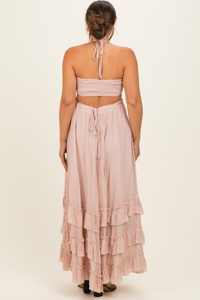 Blush Halter Smocked Ruffle Tier Hem Maternity Maxi Dress