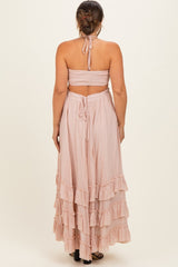 Blush Halter Smocked Ruffle Tier Hem Maternity Maxi Dress
