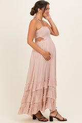 Blush Halter Smocked Ruffle Tier Hem Maternity Maxi Dress