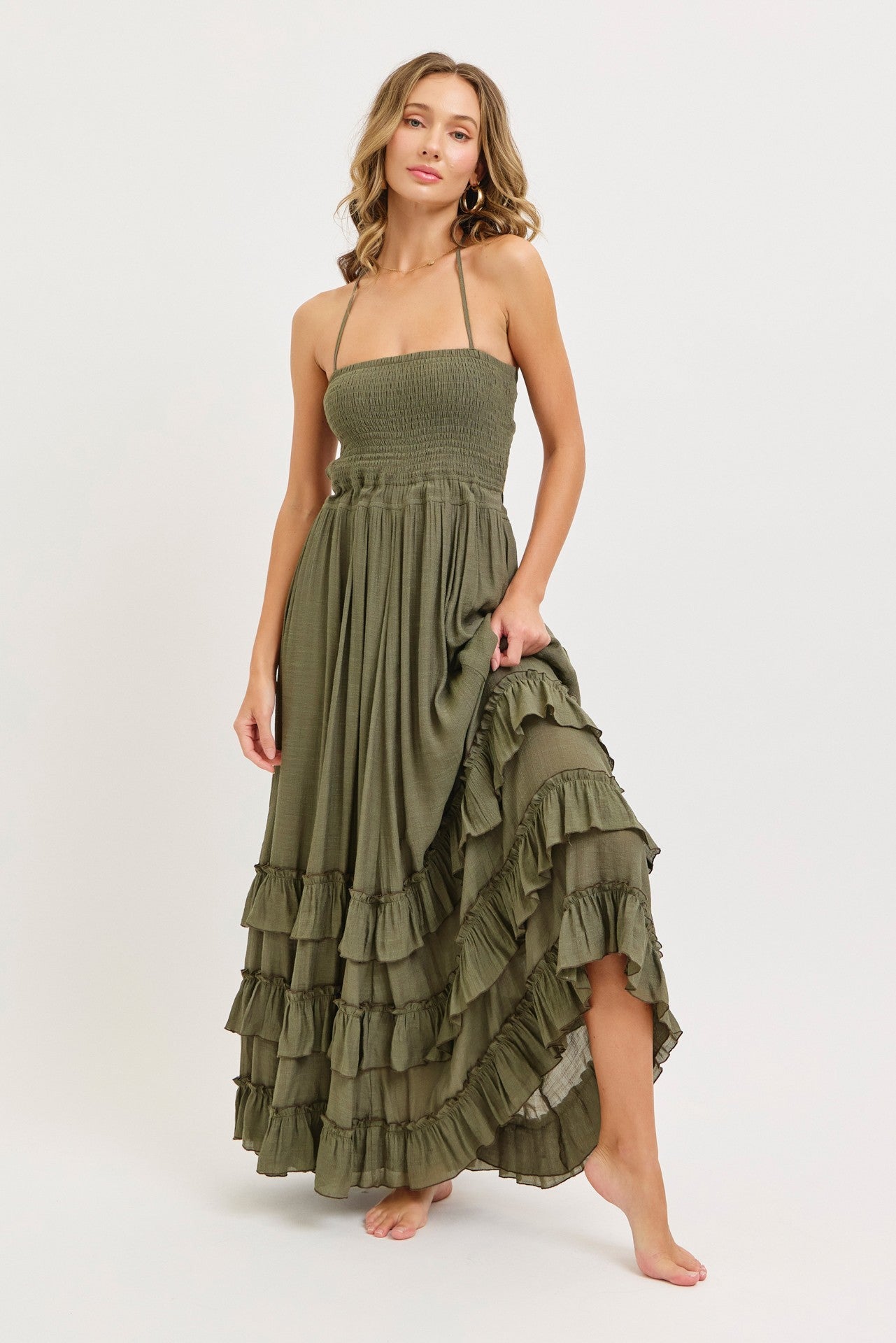 Olive Halter Smocked Ruffle Tier Hem Maxi Dress
