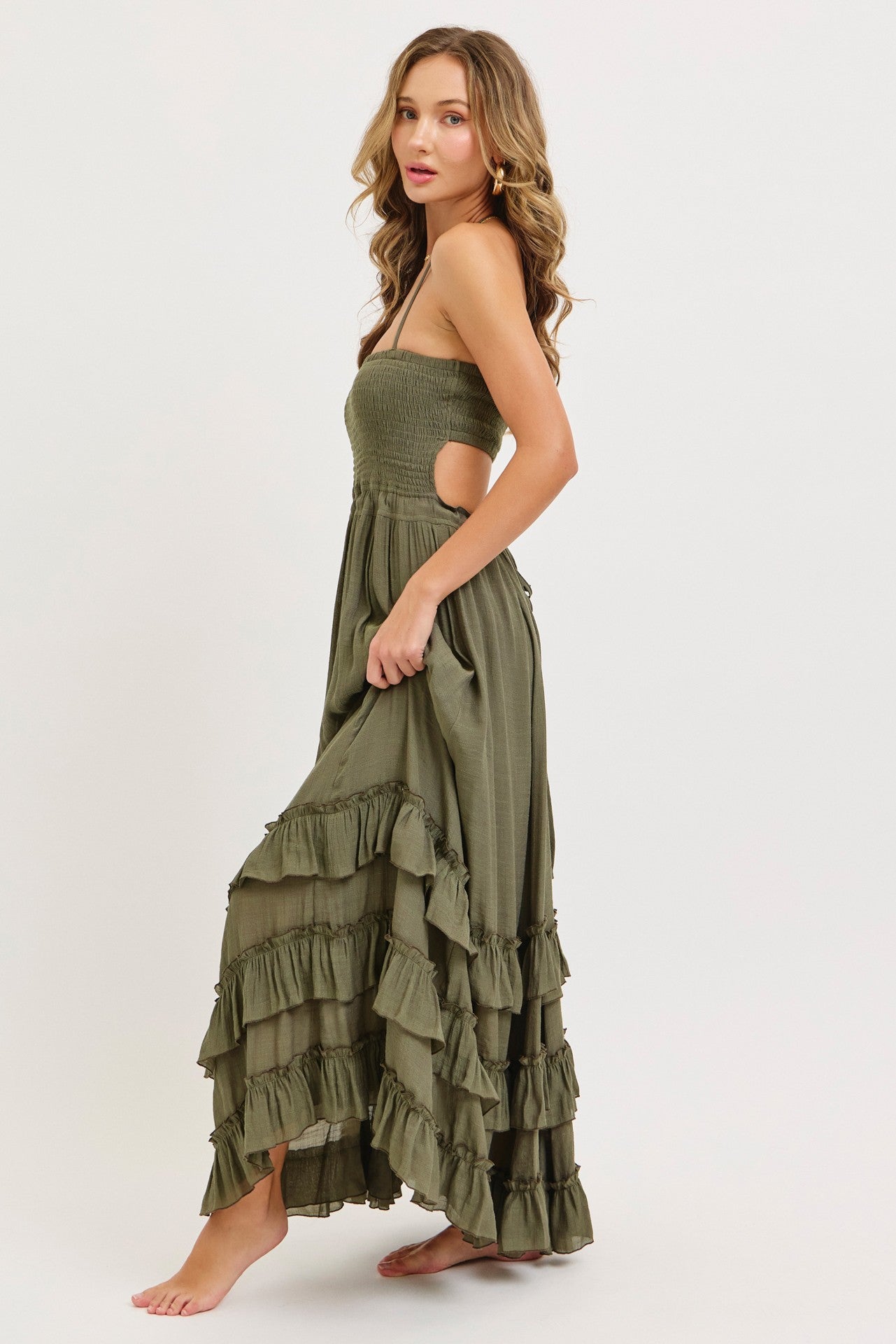 Olive Halter Smocked Ruffle Tier Hem Maxi Dress
