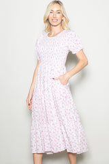 Pink Rose Floral Smocked Puff Sleeve Midi Dress