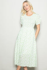 Light Green Rose Floral Smocked Puff Sleeve Midi Dress