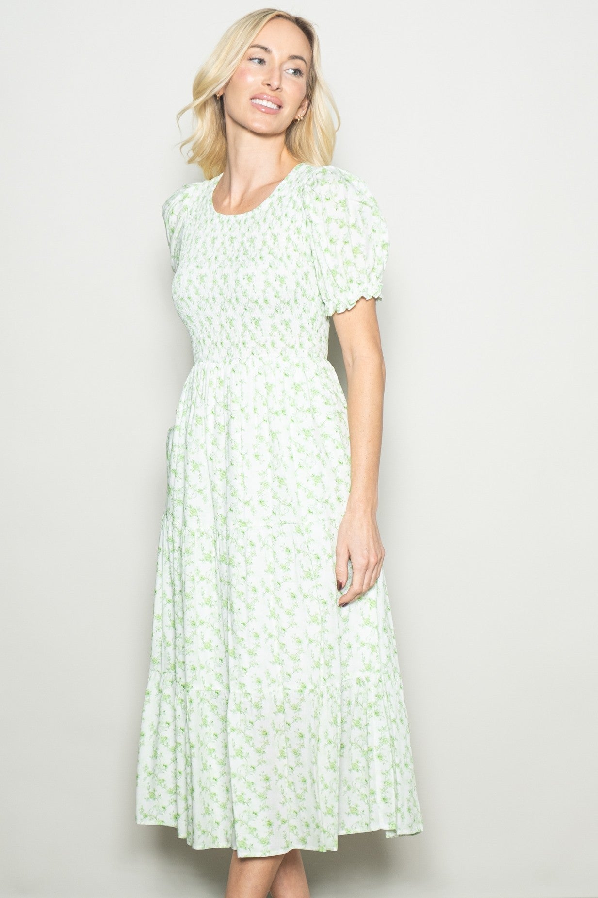 Light Green Rose Floral Smocked Puff Sleeve Midi Dress