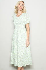 Light Green Rose Floral Smocked Puff Sleeve Midi Dress