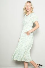 Light Green Rose Floral Smocked Puff Sleeve Midi Dress