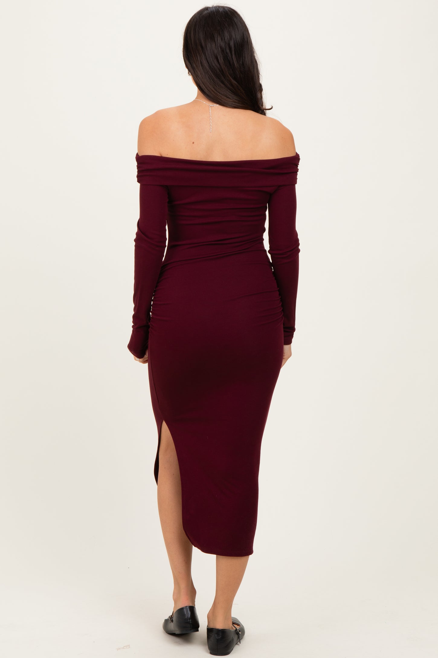 Wine Off Shoulder Ruched Side Slit Midi Dress