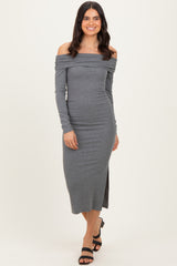 Charcoal Off Shoulder Ruched Side Slit Midi Dress