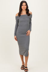 Charcoal Off Shoulder Ruched Side Slit Midi Dress