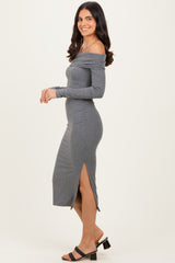 Charcoal Off Shoulder Ruched Side Slit Midi Dress