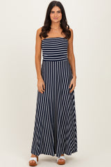 Navy Striped Strapless Maternity Maxi Dress