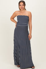 Navy Striped Strapless Maternity Maxi Dress