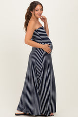 Navy Striped Strapless Maternity Maxi Dress