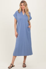 Dusty Blue Collared Short Sleeve Midi Dress
