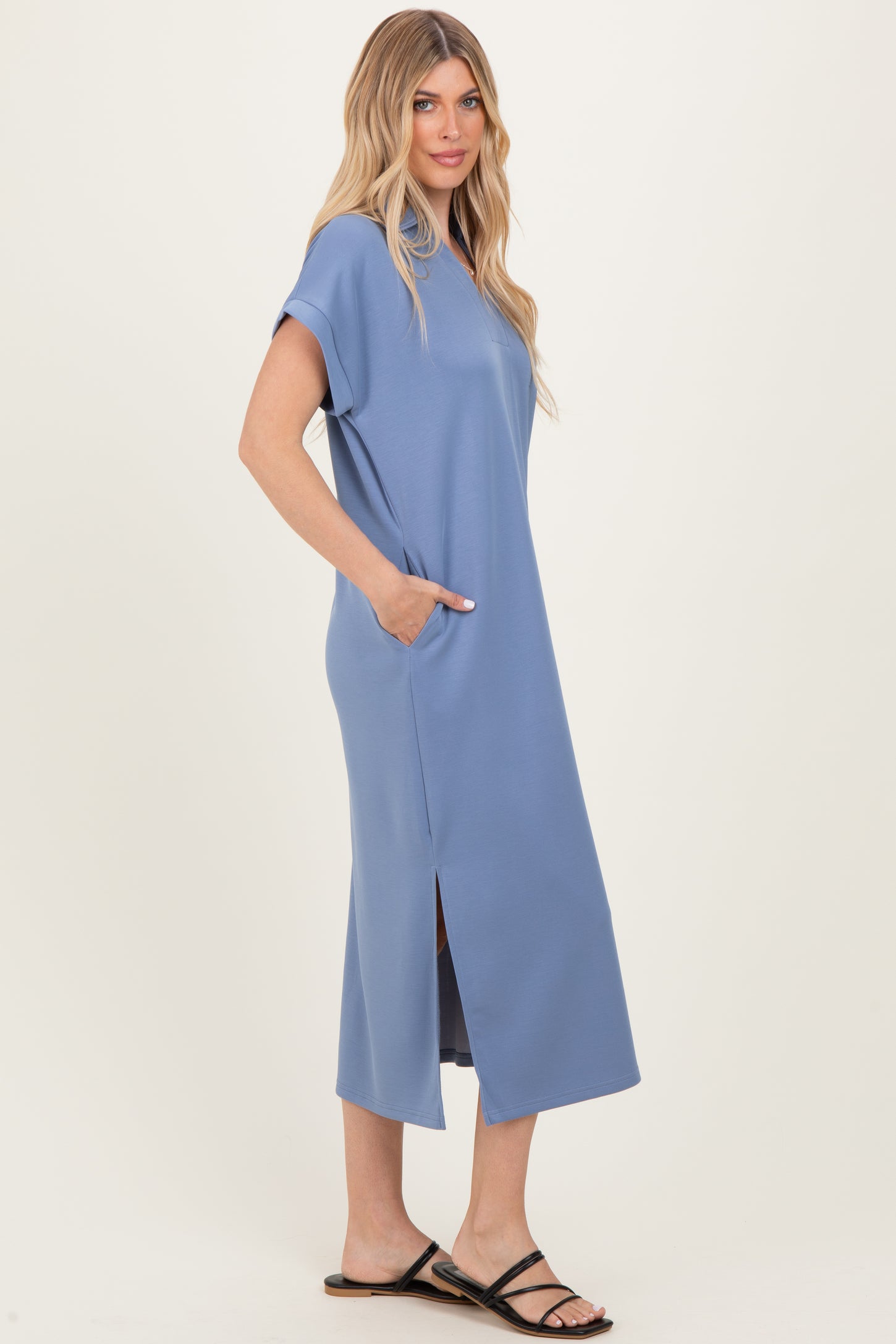 Dusty Blue Collared Short Sleeve Midi Dress