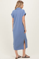 Dusty Blue Collared Short Sleeve Midi Dress