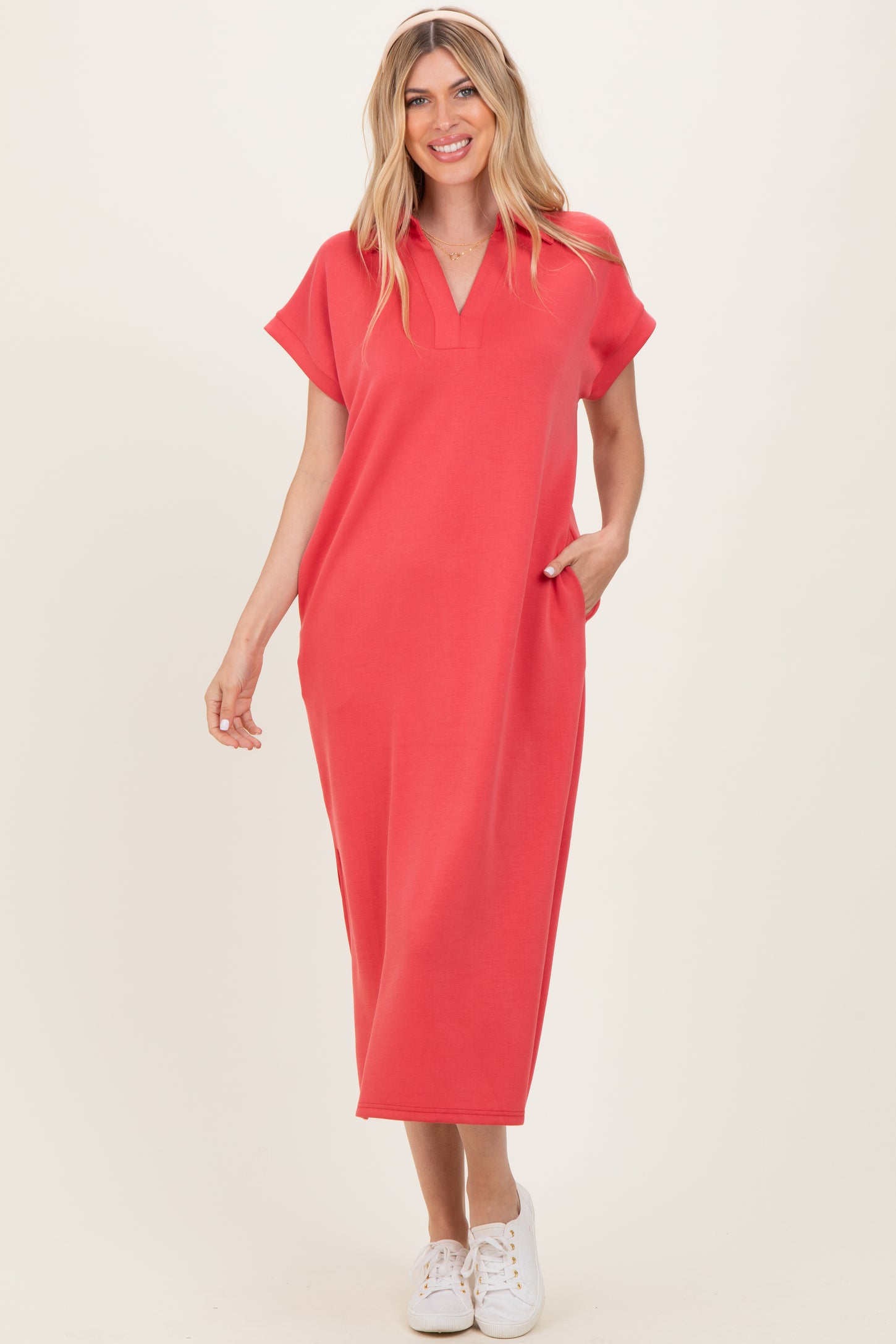 Pink Coral Collared Short Sleeve Midi Dress