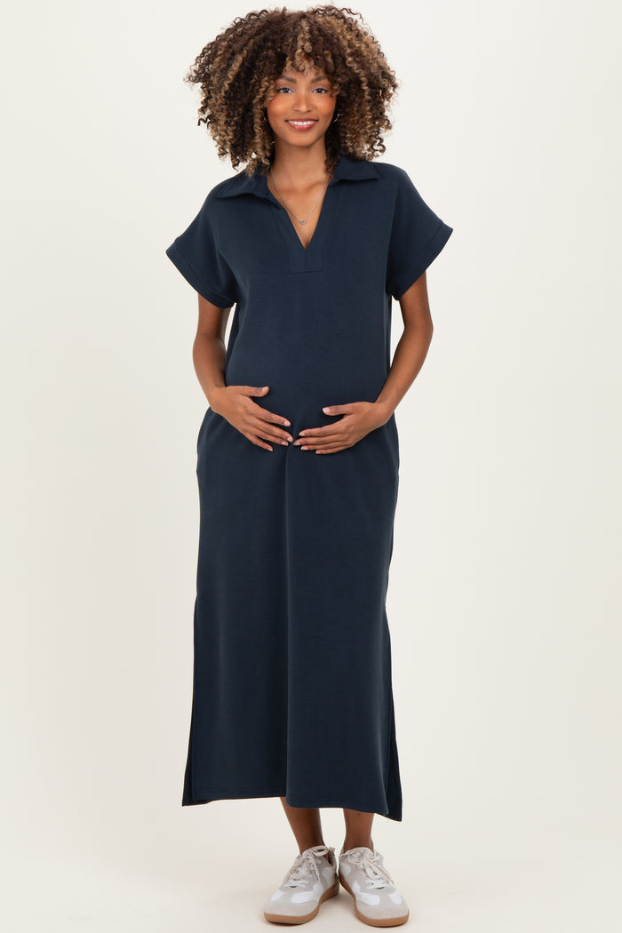 Navy Collared Short Sleeve Maternity Midi Dress