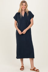 Navy Collared Short Sleeve Midi Dress