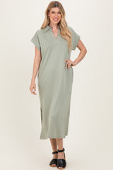 Sage Collared Short Sleeve Midi Dress