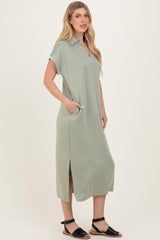 Sage Collared Short Sleeve Midi Dress