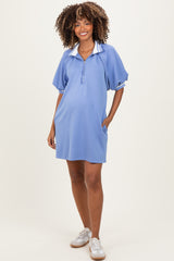 Dusty Blue Half Zip Puff Sleeve Maternity Mini Dress